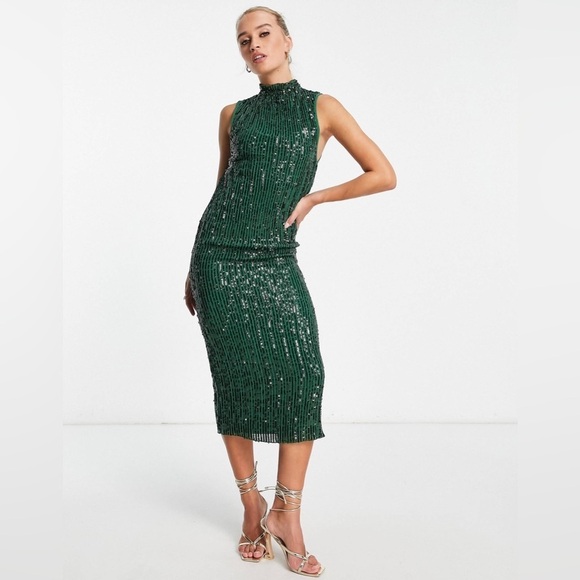 ASOS DESIGN high neck embellished midi dress in plisse sequin forest green sz 6 - Picture 1 of 10